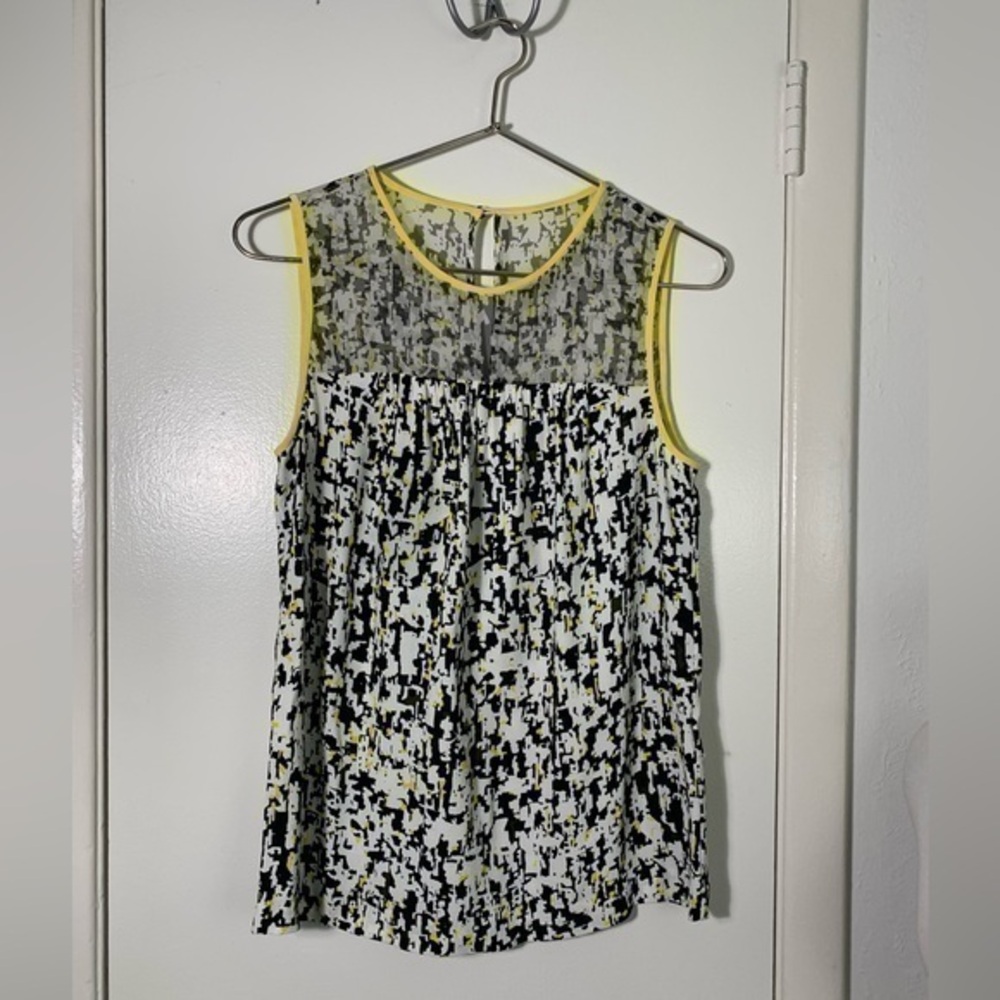 Kate Spade yellow trim black and white print sleeveless blouse top, 4